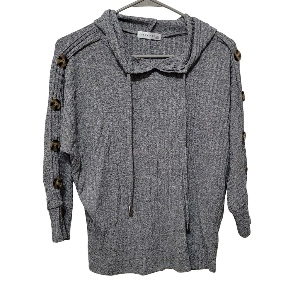 retrology gray heathered ribbed knit cowl neck hoodie button detail tunic‎ s/p